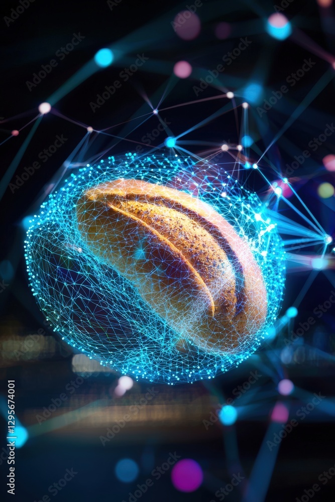 Poster this image showcases a digital representation of a coffee bean intertwined with technology elements,