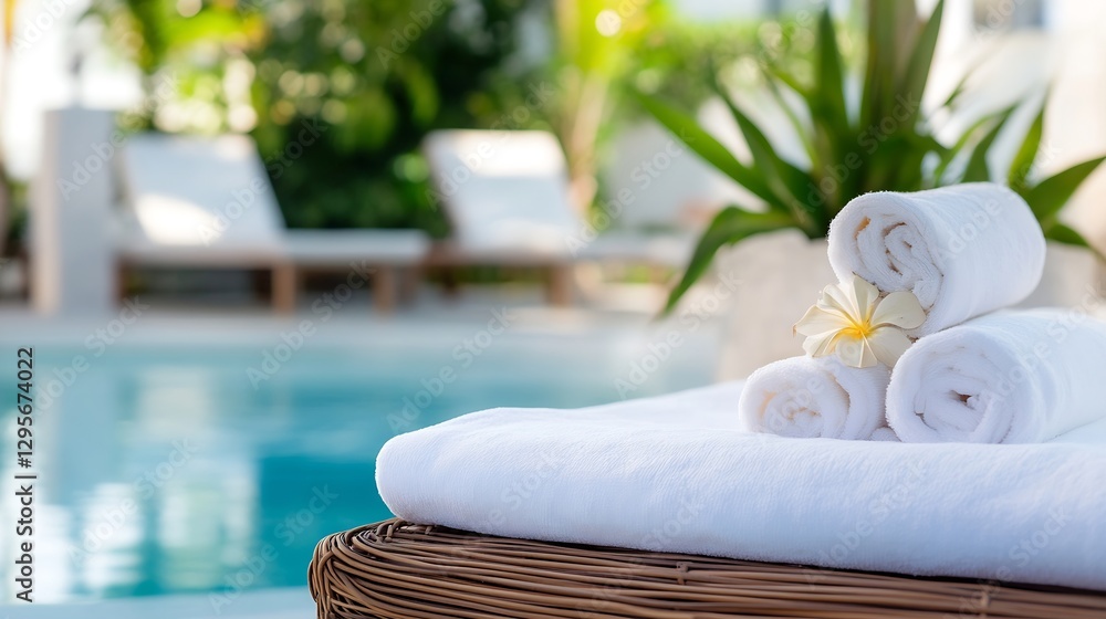 Aufkleber luxury poolside setting with soft towels and tropical plants : generative ai