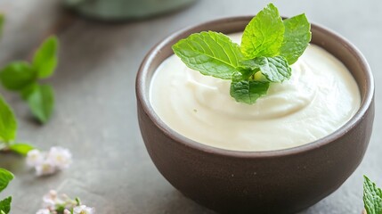 Delicious creamy yogurt in a brown bowl garnished with fresh mint leaves surrounded by herbs on a rustic surface : Generative AI