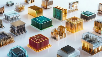 assorted computer processor modules, detailed electronic circuit boards, surface mount components, metallic pins connectors, integrated semiconductor chips, clean white reflective surface, technical
