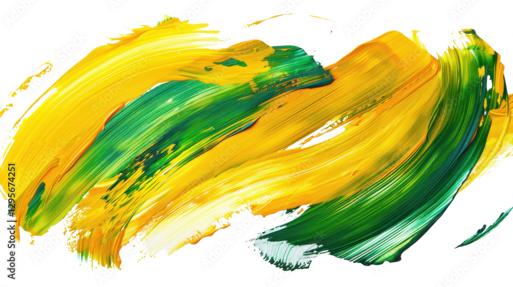 Poster green and yellow paint brush strokes creating dynamic swirls on transparent background
