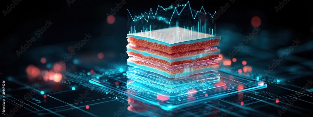 Poster this image illustrates a futuristic concept featuring stacked data layers, showcasing analytics and 