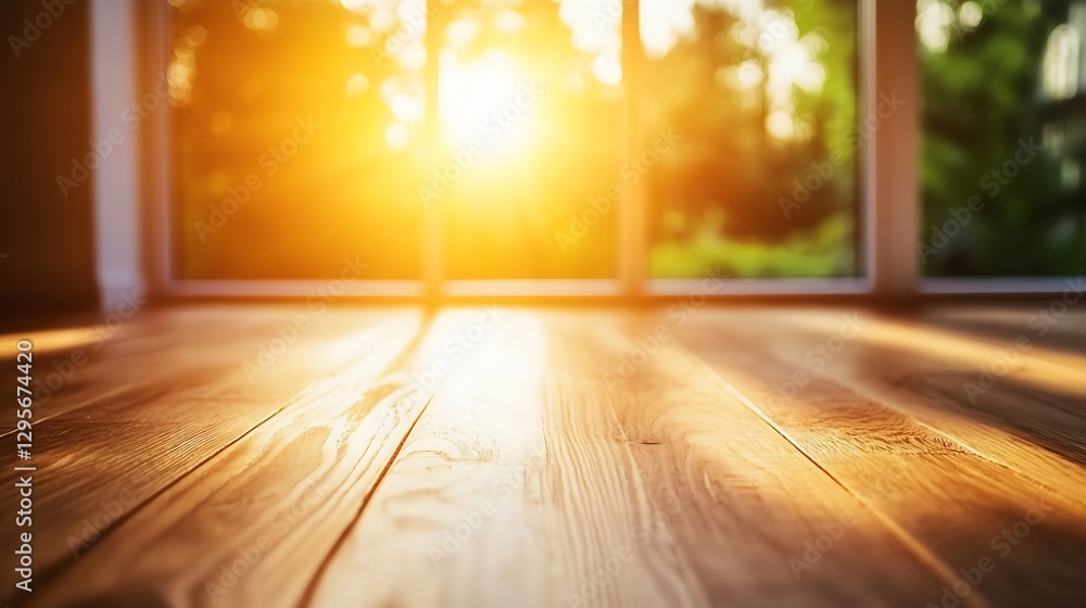Poster sunlight glowing through windows onto wooden floor creating warm indoor atmosphere : generative ai