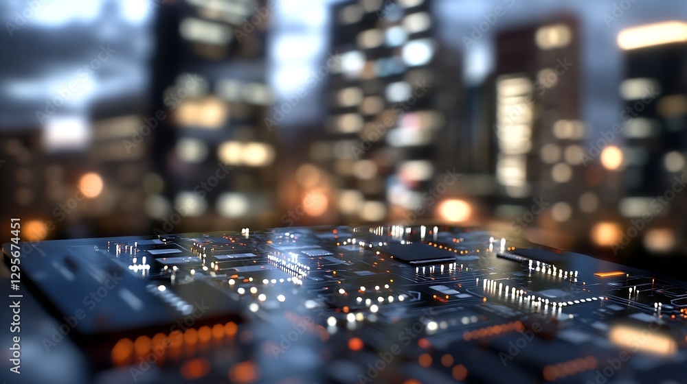 Poster Abstract View of Electronic Circuit Board with Vibrant Urban Background : Generative AI