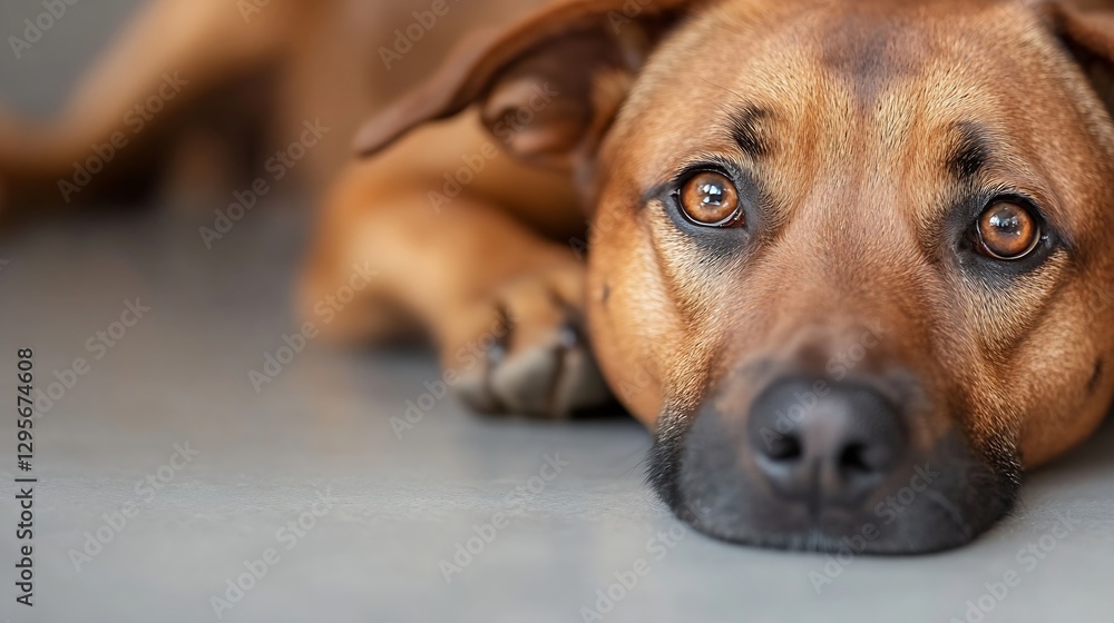 Poster brown dog laying on a smooth surface looking directly at the camera with a soulful expression : gene