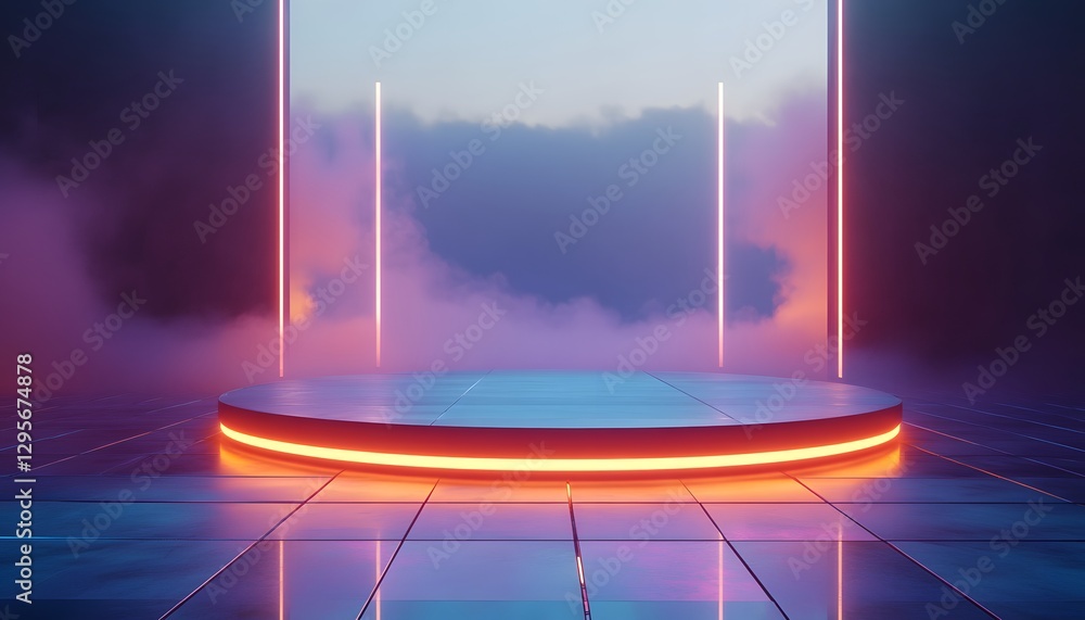 Aufkleber illuminated platform with neon lights and atmospheric fog background