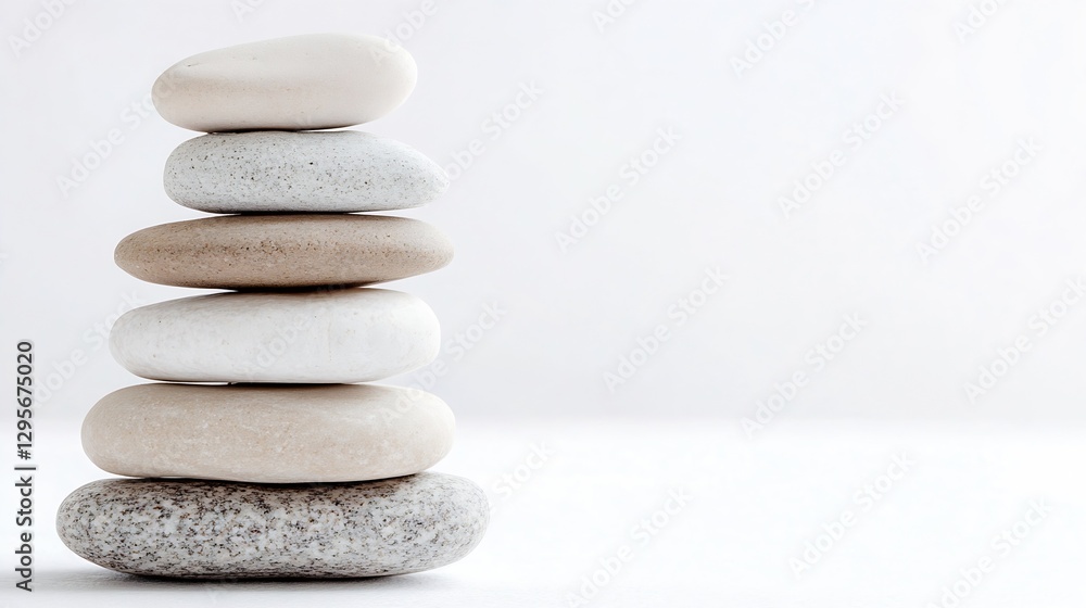 Poster carefully balanced smooth stones stacked harmoniously on a clean surface illustrating zen and tranqu