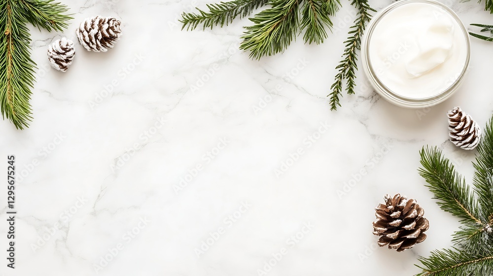 Aufkleber Minimalistic composition with pine branches and pine cones on a marble background with cream : Generative AI