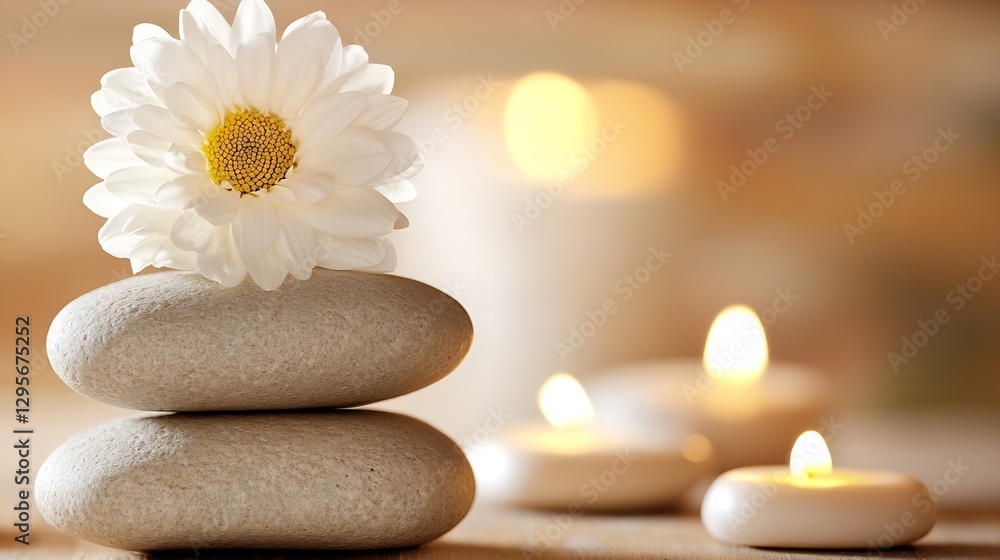 Aufkleber beautiful arrangement of stones with a white daisy and flickering candles creating a calm and tranqu
