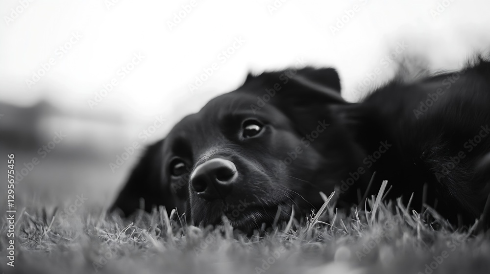 Poster adorable black dog relaxing on green grass with a calm expression in black and white : generative ai