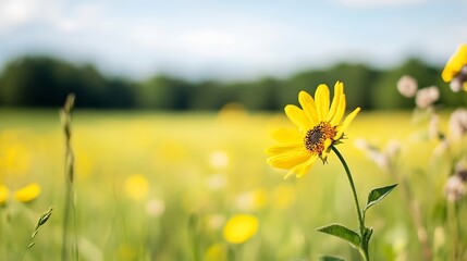 Fototapeta premium Bright yellow sunflower blooming in a lush green field under a sunny sky during summer season : Generative AI