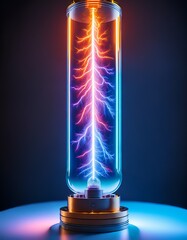 Close-up of a neon light tube with electricity visibly flowing inside, showcasing the intense glow, vibrant colors, and dynamic energy of the illuminated gas.