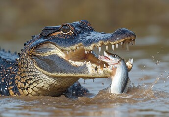 Obraz premium Majestic Alligator with Open Jaws, Capturing a Fish in its Powerful Bite Amidst Splashing Water in a Serene Natural Habitat
