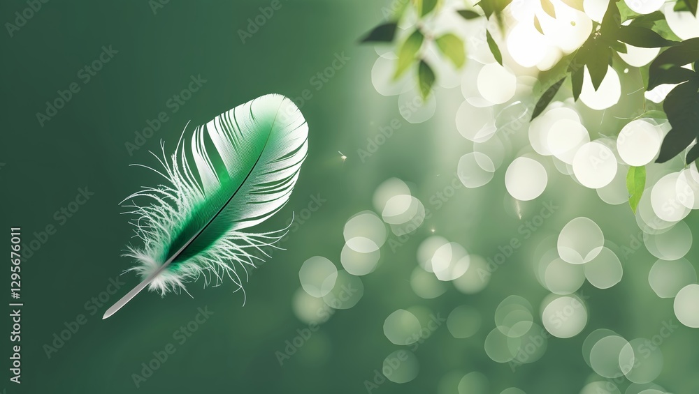 Poster bright green feather floating gently amidst soft bokeh lights in a serene natural setting