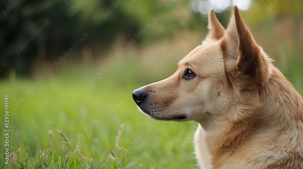 Aufkleber A closeup portrait of a calm and attentive dog resting in a green field surrounded by nature in a serene environment : Generative AI