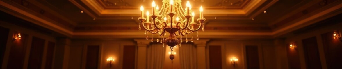 Golden light swirls around ornate chandeliers, opulence, decor, sparkling