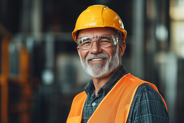 Fototapeta premium Happy Senior Construction Worker in Safety Gear Smiling Portrait Industrial Setting