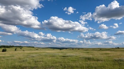Beautiful Open Field Under Bright Blue Sky with Fluffy White Clouds : Generative AI