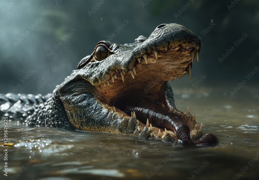 Poster majestic alligator with open mouth emerging from water in natural habitat with sunlight and fog crea
