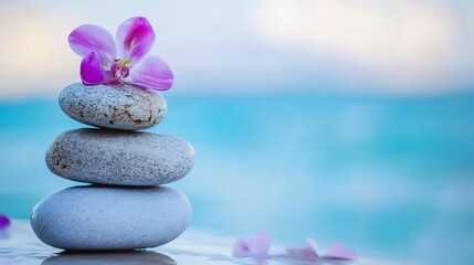 Beautiful Stacked Stones with Pink Orchid Flower on a Sandy Beach : Generative AI