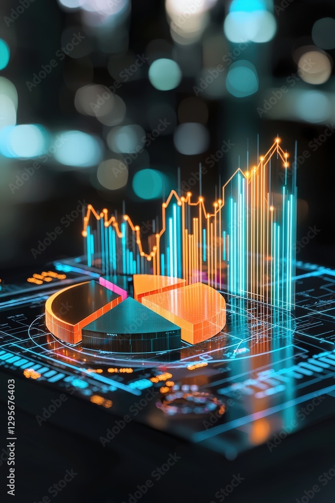 Poster modern digital data visualization showcasing financial analytics with colorful graphs, pie charts, a