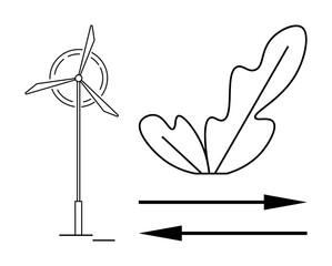 Wind turbine, leaf shape, and arrows illustrating energy flow and eco-friendly concepts. Ideal for sustainability, renewable energy, environment, green technology, wind power, nature climate change