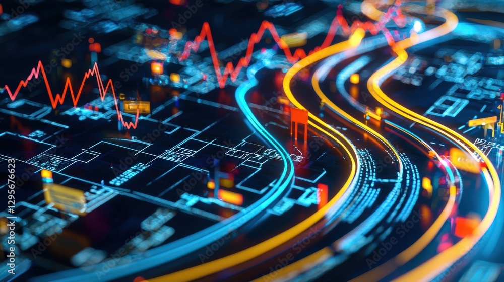 Poster digital data visualization with colorful graphs and lines