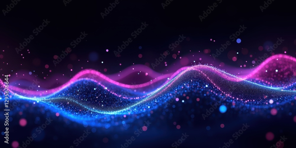Poster colorful digital waveforms with glowing particles in dark background
