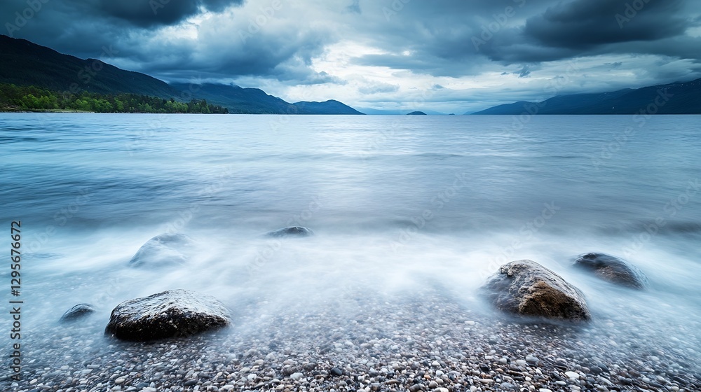 Poster serene lake shore with smooth stones and calm waters under dramatic clouds : generative ai