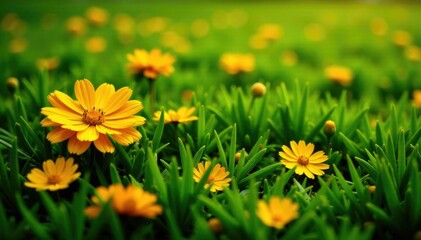 Golden marigold petals scattered on a lush green grassy field, yellow, meadow, nature
