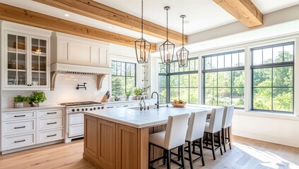 Bright White Modern Kitchen with Wood Island and Natural Light