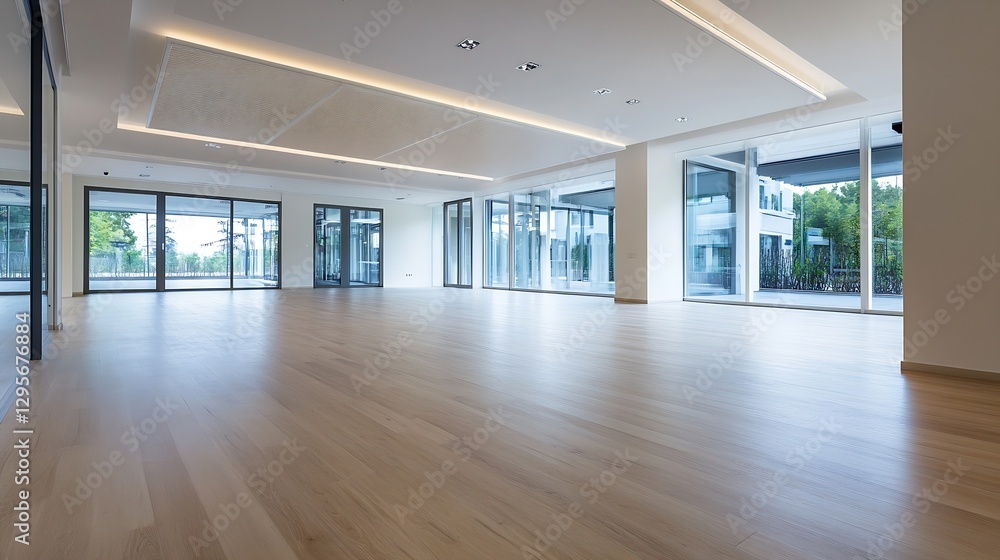 Poster spacious interior of a modern empty room with large windows and natural light flooding in : generati