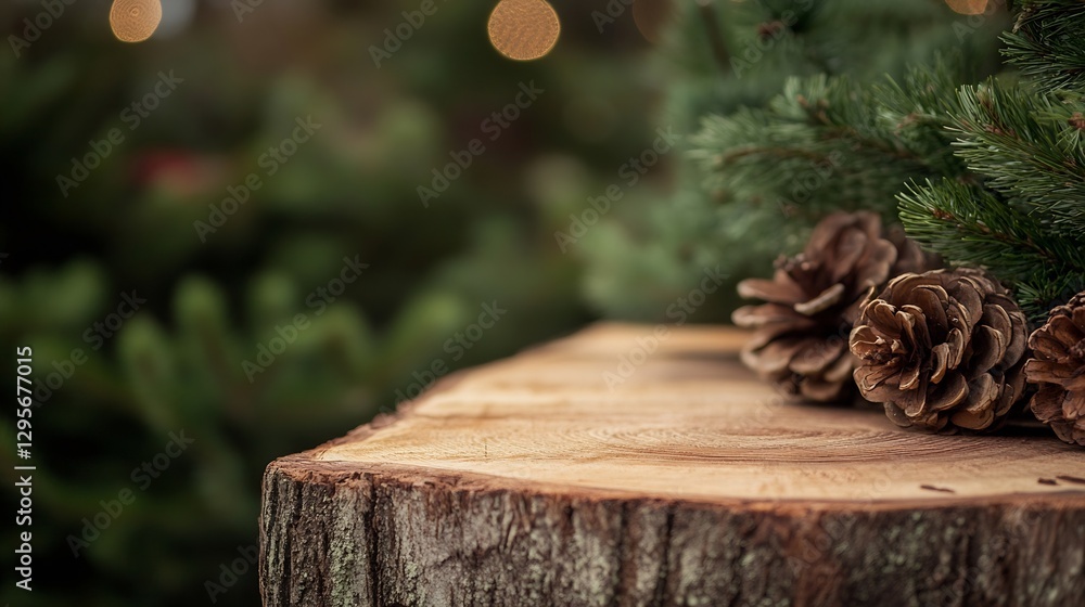Poster Rustic wooden log with pine cones and greenery creating a cozy natural setting : Generative AI