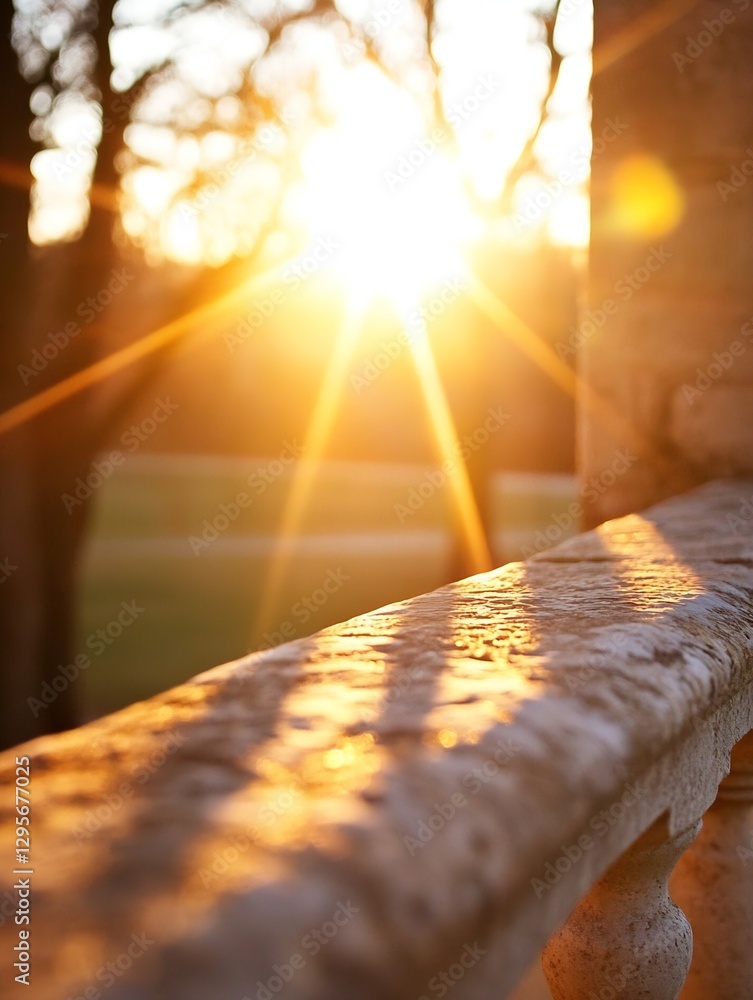 Poster captivating sunset shines through trees highlighting the rustic railing and warm golden hues : gener