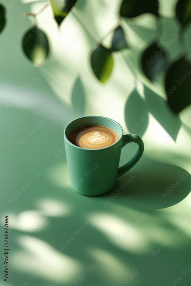 Poster unique latte art in a green mug resting on a soft green surface surrounded by gentle shadows from le
