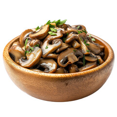 Fototapeta premium Wooden bowl filled with sautéed mushrooms isolated