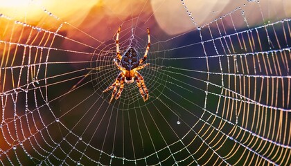 Macro photograph of a spider on its web, adorned with dewdrops and set against a soft, blurred background, highlighting intricate details and natural beauty.