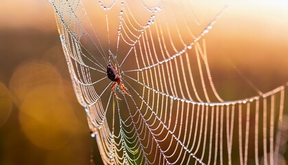 Macro photograph of a spider on its web, adorned with dewdrops and set against a soft, blurred background, highlighting intricate details and natural beauty.