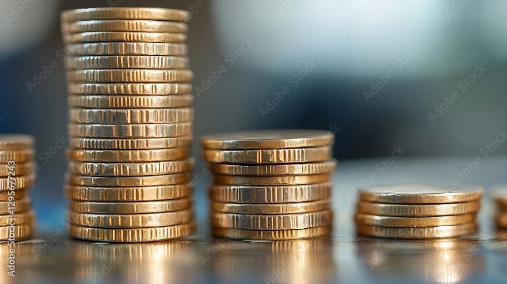 Poster close up of piles of golden coins illustrating wealth and financial growth with a blurred background
