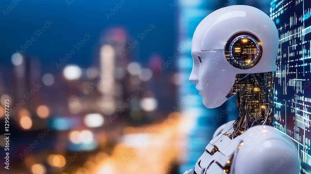 Poster striking closeup of a humanoid robot with glowing circuitry elements set against a captivating city 