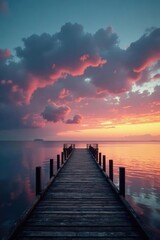 Obraz premium Low-pitched clouds above a wooden pier at dusk, misty, sunset