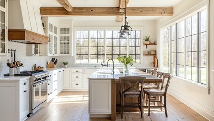 Fototapeta premium Bright White Farmhouse Kitchen with Wood Accents and Abundant Sunlight