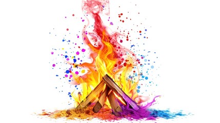 Traditional Holi Bonfire (Holika Dahan) Celebrating Happy Holi Isolated on White Background