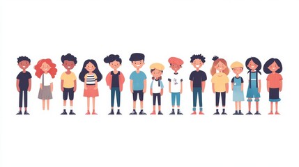 Musical children ensemble, diverse youth performers, flat illustration style, cheerful expressions, musical instruments variety, clean vector design, white background, casual modern clothing