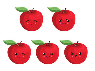 Set of vector illustration of red apple with different emotions in kawaii style