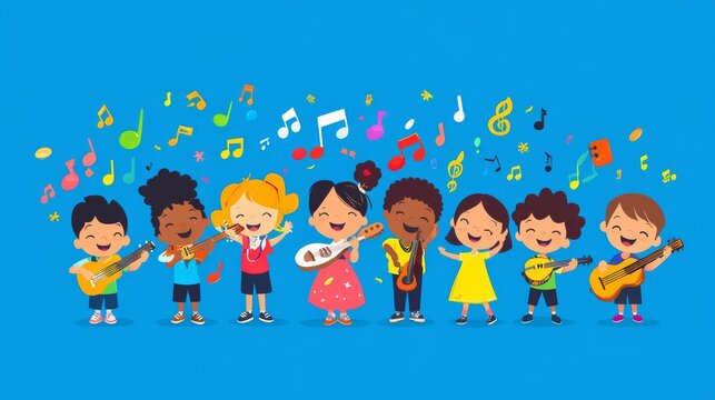 Youth music group illustration, singing and playing instruments, minimalist vector style, multicultural children characters, vibrant color scheme, educational art, simple composition