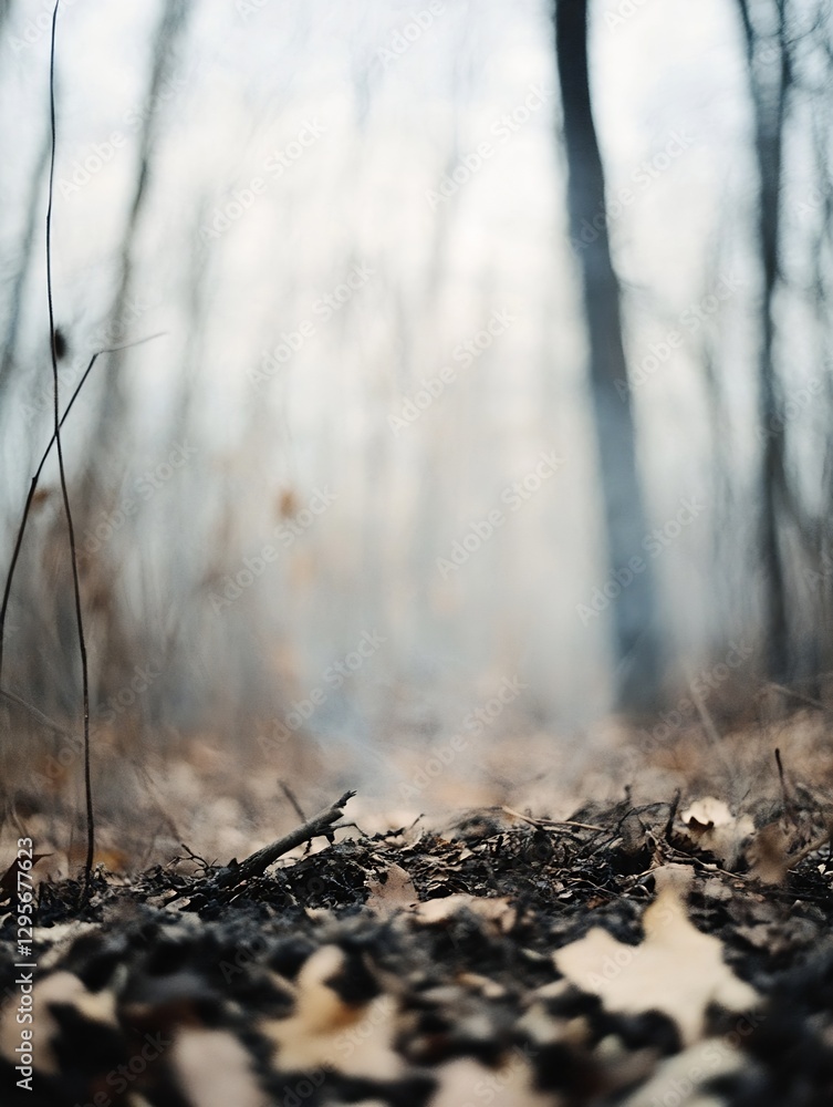 Poster Closeup of a forest floor capturing fallen leaves and twigs in a misty atmosphere : Generative AI