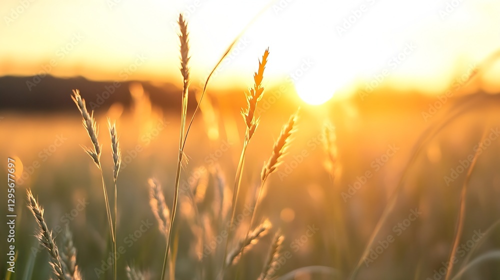 Poster golden hour sunlight illuminating tall grass creating a serene and tranquil natural setting : genera