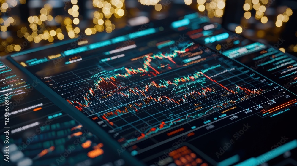 Poster a close-up view of a digital interface displaying complex financial data with vibrant graphs and cha