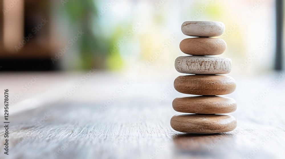 Poster carefully stacked wooden stones create a calming minimalist aesthetic perfect for relaxation spaces 